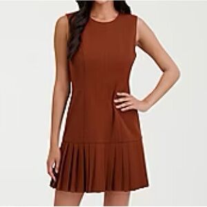 London Times Women's Sleeveless Caramel Pleated Crew Neck Short Dress Back Zip
